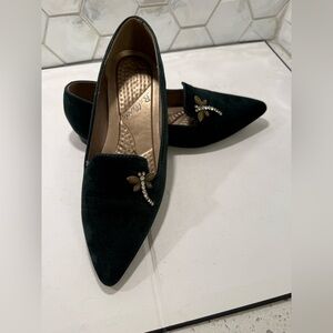 Dragonfly Bellini Dark Green Velvet  Pointed Toe Flats Rhinestones Sz 6